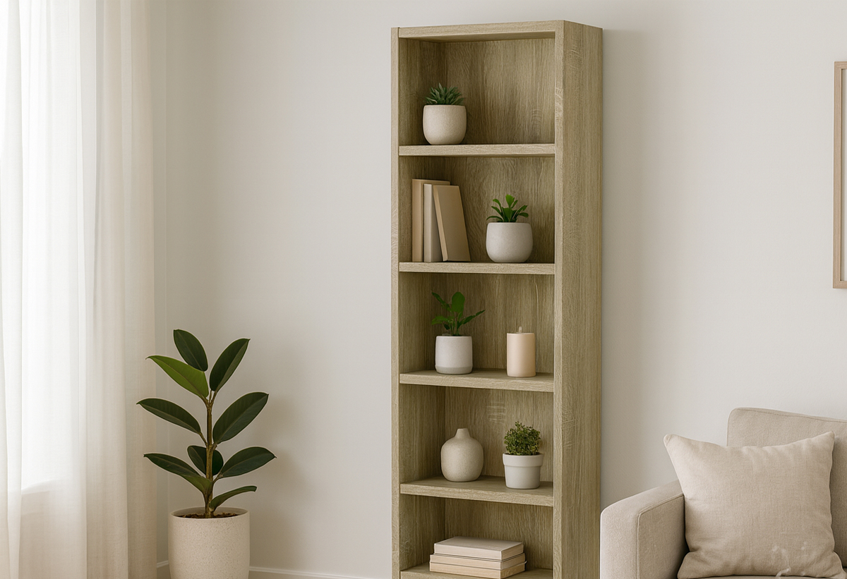 Απεικονίζεται η βιβλιοθήκη σε ένα σαλόνι.